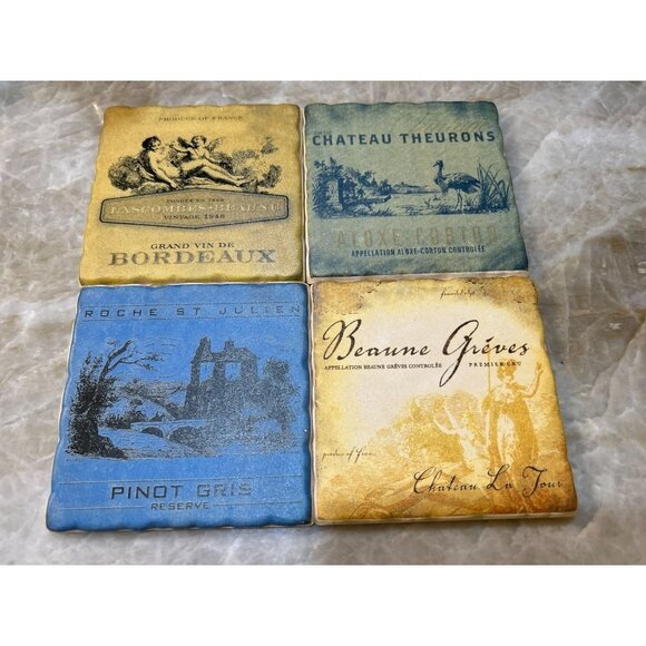 Set of 4 Coasters with French Wine Labels 4" x 4" - Picture 2 of 5